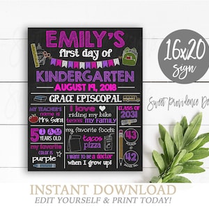 May include: A black and white chalkboard sign with pink and purple text announcing Emily's first day of kindergarten on August 19, 2018. The sign includes details about Emily's teacher, age, favorite foods, and future aspirations.