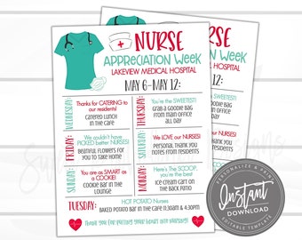 EDITABLE National Nurses Week Schedule Events, Nurse Appreciation Week Itinerary Poster, Printable Digital File Medical Staff Instant Access
