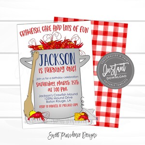 May include: A red and white checkered background with a birthday invitation for a one-year-old boy named Jackson. The invitation features a cartoon illustration of a pot of crawfish with the text "Crawfish, Cake and Lots of Fun". The invitation includes the date and time of the party, the address, and an RSVP number.