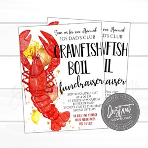 May include: A watercolor illustration of a crawfish on a white background with gold glitter. The text reads "Join us for our Annual JGS Dad's Club Crawfish Boil Fundraiser. Saturday, April 21st at 4:00 PM. St Fred's Gymnasium. $15 per person. Tickets can be purchased ahead of time. We will have a bounce house and hot dogs for the kids."