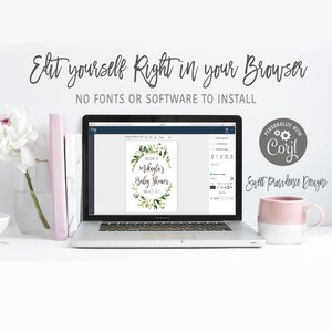 May include: A laptop computer displaying a mockup of a baby shower invitation with a green wreath and the text "Welcome to Mikayla's Baby Shower March 21, 2017". The text "PERSONALIZE WITH Coril Sweet Providence Designs" is also visible on the screen.