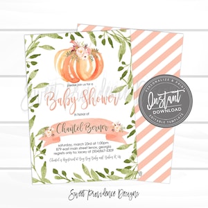 May include: A baby shower invitation featuring a watercolor pumpkin with floral accents. The invitation includes the text "Baby Shower" and details for Chantel Berner's shower, surrounded by green foliage and a peach striped background. The design also includes the words "Instant Download".