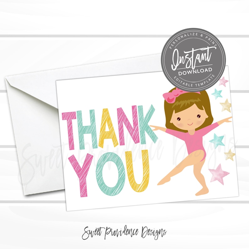 Puede incluir: Una tarjeta de agradecimiento con un mensaje "Gracias" colorido y una ilustraci&oacute;n de dibujos animados de una ni&ntilde;a con un leotardo rosa haciendo una pose de gimnastique. El fondo presenta estrellas doradas y rosas.