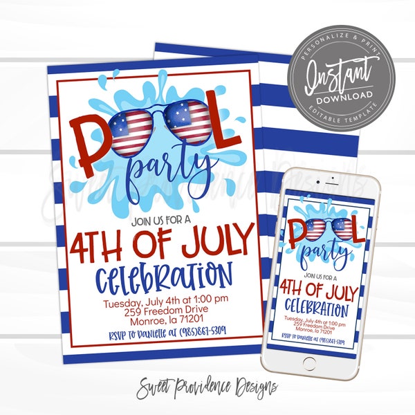 4th of July Pool Party, Pool Party Invitation, Editable Summer Invite, Pool Party Flyer Invitation, Fourth of July Invite, Instant Download