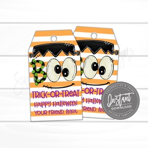 May include: Two Halloween-themed gift tags with a Frankenstein monster face design. The tags have orange and white stripes, black hair, and the text "Trick or Treat", "Happy Halloween", and "Your Friend, Anna". A circular "Instant Download" graphic is also present.