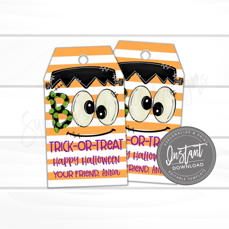 May include: Two Halloween-themed gift tags with a Frankenstein monster face design. The tags have orange and white stripes, black hair, and the text "Trick or Treat", "Happy Halloween", and "Your Friend, Anna". A circular "Instant Download" graphic is also present.