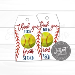 Softball Printable Gift Tag, Thanks for a Great Season Favor Tag, End of Year, All Star, summer Tag Printable, Instant Access - Edit Now