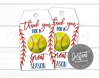 Softball Printable Gift Tag, Thanks for a Great Season Favor Tag, End of Year, All Star, summer Tag Printable, Instant Access - Edit Now