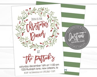 Christmas Dinner Invitation, Christmas Dinner Party, Editable template, Dinner Party Invite, winter berry wreath, , Instant Download