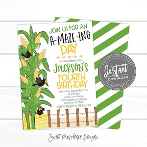 May include: A birthday party invitation with a corn maze theme. The invitation features a corn stalk illustration with blackbirds and the text "Join us for an A-Maze-ing Day" and "Jackson's Fourth Birthday". The back of the invitation has green and white diagonal stripes.
