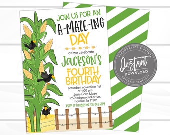 Corn Maze Birthday Invitation, Fall Birthday Pumpkin Patch Invitation, Kids Birthday, Editable template, Instant Download Access Now