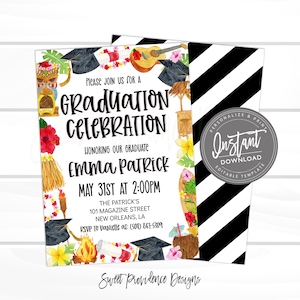 Editable Graduation Luau Celebration Invitation, Printable Graduation Party Invite, BBQ, Pool Party, Class of 2025, Instant Access, Edit Now