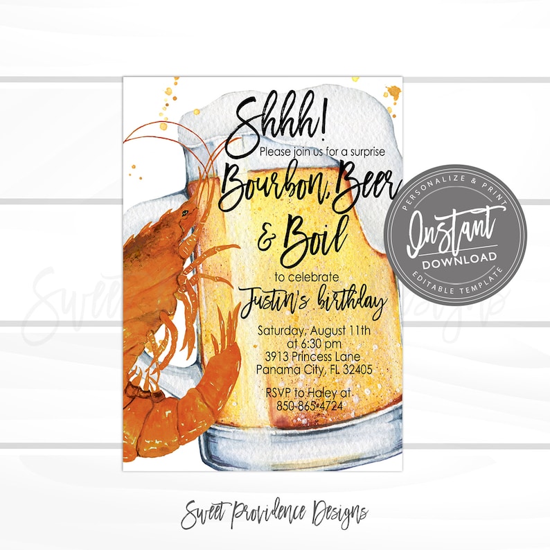 Bourbon, Beer and Boil Surprise Invitation, Any Occassion Shrimp Boil, Editable Party Crawfish boil Invite, Instant Access image 1