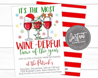 Christmas Wine Exchange, Holiday Party, Christmas Invitation, Editable Wine Exchange Party, Christmas Girls Night Invitation, INSTANT ACCESS
