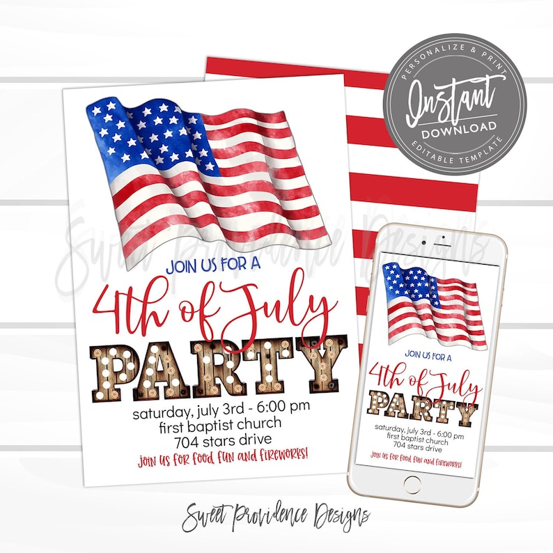 May include: A 4th of July party invitation with a watercolor American flag design. The invitation is for a party on Saturday, July 3rd from 6:00 pm to 7:00 pm at First Baptist Church, 704 Stars Drive. The invitation says "Join us for food, fun, and fireworks!"