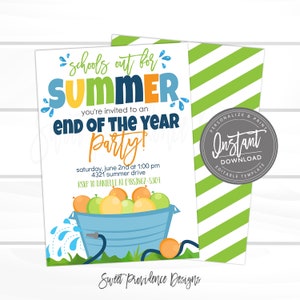 End of School Summer Party Invite, Water Balloon, Pool Party Invitation, Editable Birthday Invitation, Instant Access- EDIT NOW