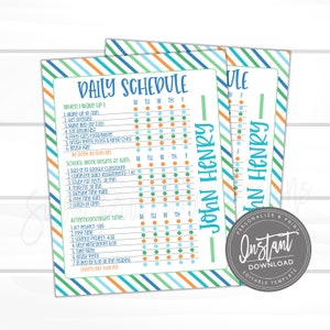 May include: A printable daily schedule template with a blue, green, and orange striped background. The template is designed for a child named John Henry and includes a list of daily activities with checkboxes for each day of the week. The text "PERSONALIZE & PRINT" and "Instant Download Editable Template" are also included.