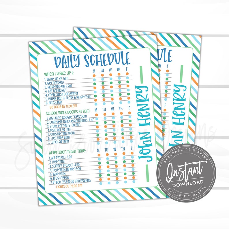 May include: A printable daily schedule template with a blue, green, and orange striped background. The template is designed for a child named John Henry and includes a list of daily activities with checkboxes for each day of the week. The text "PERSONALIZE & PRINT" and "Instant Download Editable Template" are also included.