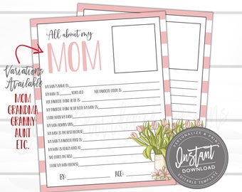 Mother's Day Card, EDITABLE Questionnaire, All about Mom, Survey Questions for Kids, Mother's Day Gift, Last Minute Mother's Day Present