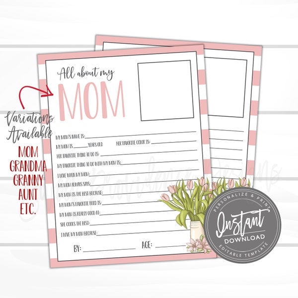 Mother's Day Card, EDITABLE Questionnaire, All about Mom, Survey Questions for Kids, Mother's Day Gift, Last Minute Mother's Day Present