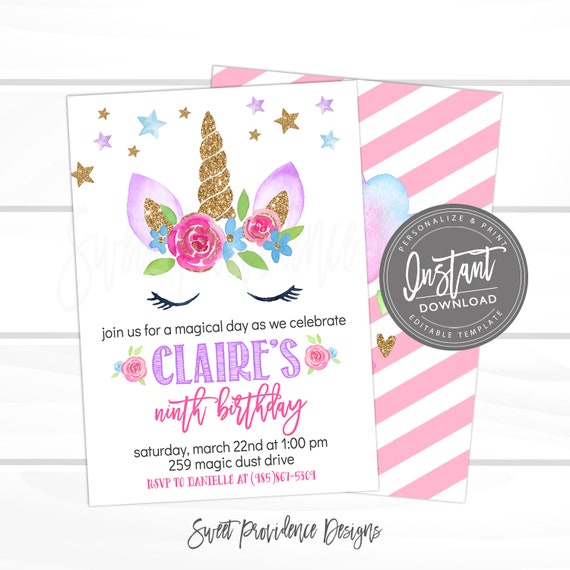 Unicorn Invitations, Unicorn Birthday Invitation, Editable Girl Gold glitter Birthday invite template, Magical Celebration Instant Access Il_570xn