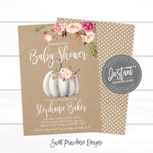 May include: A baby shower invitation with a watercolor pumpkin design. The invitation features the text "Baby Shower" and event details. The background is a kraft paper color with a polka dot pattern on the back.