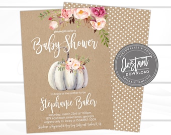 Pumpkin Baby Shower Invitation, Fall Shower Invite, Little Pumpkin Shower, Kraft, Floral Baby Girl Shower, EDITABLE, Instant Access Edit Now