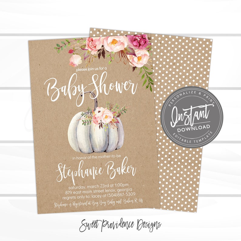 May include: A baby shower invitation with a watercolor pumpkin design. The invitation features the text "Baby Shower" and event details. The background is a kraft paper color with a polka dot pattern on the back.
