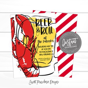 May include: A white invitation card featuring a red lobster illustration and the text "BEER & BOIL". The invitation includes event details: Saturday, May 31st at 4:00 PM, 101 Magazine St., New Orleans, LA. The back has red and white diagonal stripes.