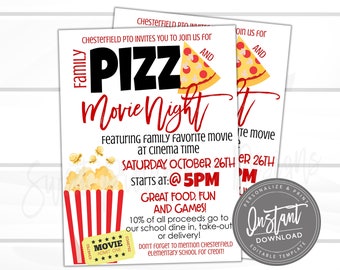 Pizza and Movie Night Flyer, School or Church Pizza party, PTO PTA School Fundraiser Editable template, Sweet Providence, Instant Access