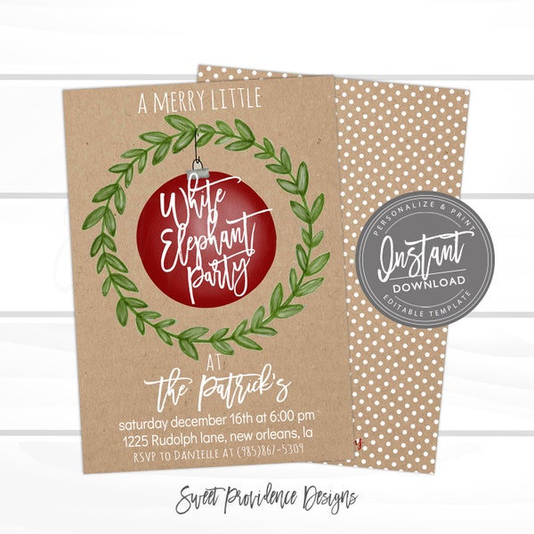 White Elephant Party Invitation template, Editable Kraft White Elephant Party Invite, Company party or flyer, , Instant Download