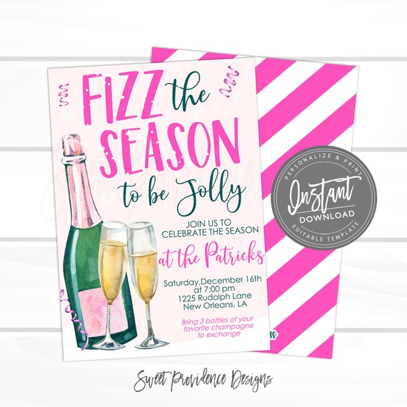 Christmas Party Invitation, Fizz the Season to be Jolly Invitation, Editable Christmas 2022 Holiday Party template ANY EVENT, Instant Access Il_570xn