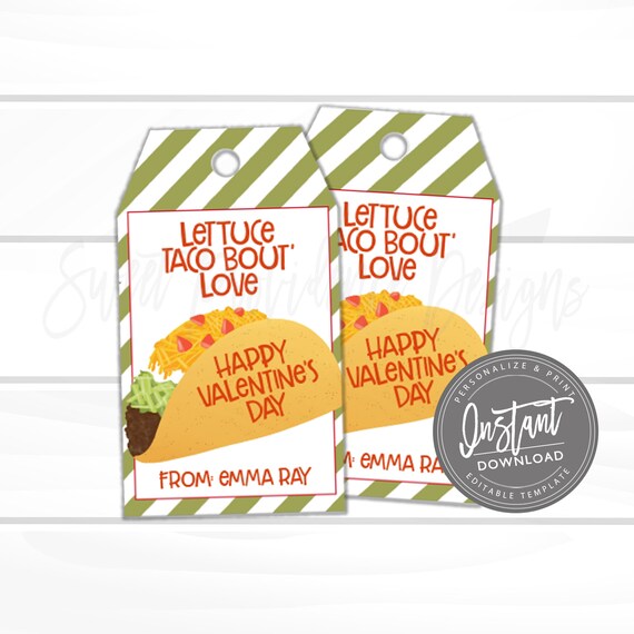 Valentine Favor Tags, Editable Lettuce Taco Bout Love Tags, Valentine Party, Editable Valentine Card Kids, template INSTANT ACCESS Il_570xn