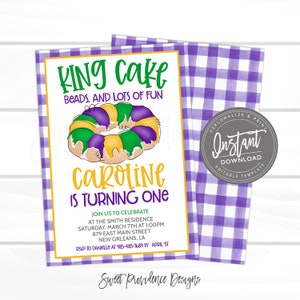 Mardi Gras Birthday Invitation, First birthday, King Cake, Editable template, birthday boy or girl, Fat Tuesday Carnival, Instant Access