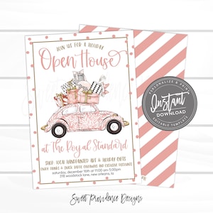 May include: A pink holiday open house invitation featuring a car laden with gifts. The text reads "Join us for a Holiday Open House" and "at The Royal Standard". The design incorporates pink polka dots and stripes, with the words "Instant Download" and "Editable Template".