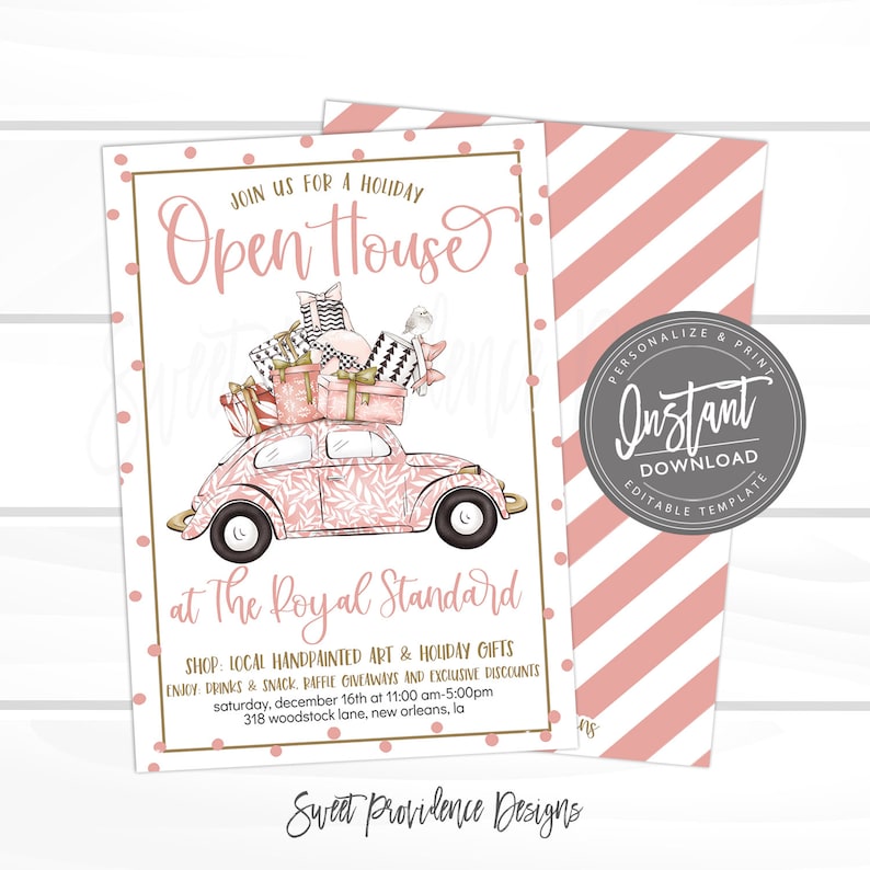 May include: A holiday open house invitation with a pink car carrying gifts. The invitation features the text "Join us for a Holiday Open House" and "at The Royal Standard". The design includes pink polka dots and stripes, with the words "Instant Download".