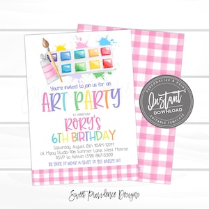 May include: A colorful invitation for an art party to celebrate Rory's 6th birthday. The invitation features a watercolor painting of paintbrushes, paint tubes, and a palette of colorful paints. The text reads "You're invited to join us for an Art Party to celebrate Rory's 6th Birthday. Saturday, August 8th 10AM-12PM at Mojoy Studio-106 Summer Lane, West Monroe. RSVP to Ashton (318) 867-5309. Be sure to wear a shirt to get messy in!"