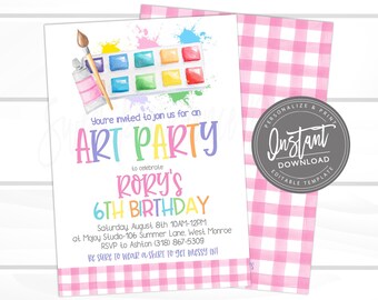 Art Party Birthday Invitation, Art Party invitation, Virtual Paint Party Birthday Invite. Editable Girl Birthday Invitation, Instant Access
