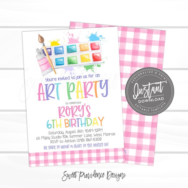 Art Party Birthday Invitation, Art Party invitation, Virtual Paint Party Birthday Invite. Editable Girl Birthday Invitation, Instant Access