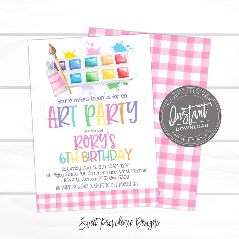May include: A colorful invitation for an art party to celebrate Rory's 6th birthday. The invitation features a watercolor painting of paintbrushes, paint tubes, and a palette of colorful paints. The text reads "You're invited to join us for an Art Party to celebrate Rory's 6th Birthday. Saturday, August 8th 10AM-12PM at Mojoy Studio-106 Summer Lane, West Monroe. RSVP to Ashton (318) 867-5309. Be sure to wear a shirt to get messy in!"