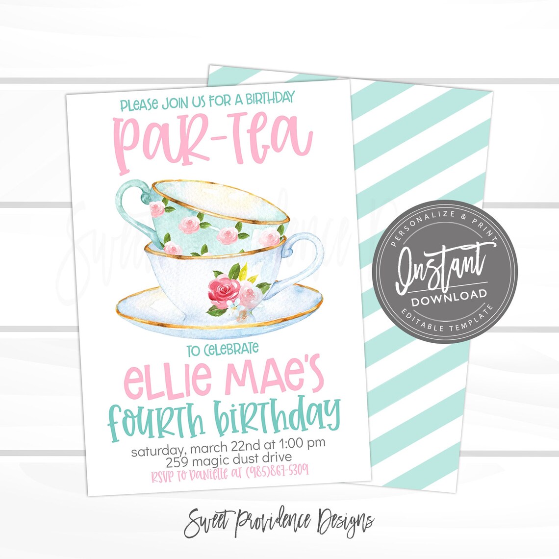 Tea Party Invitation, Kids Birthday Virtual Par-tea Invite, Pink Floral ...
