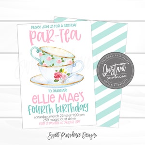 May include: A pink and blue tea party invitation with a watercolor illustration of a stack of teacups and saucers. The text reads "Please join us for a birthday Par-Tea to celebrate Ellie Mae's fourth birthday. Saturday, March 22nd at 1:00 pm, 259 Magic Dust Drive. RSVP to Danielle at (985)867-5309. Sweet Providence Designs."