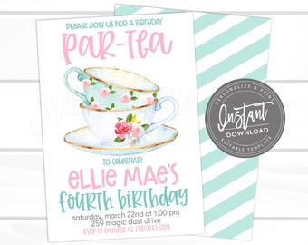 Tea Party Invitation, Kids Birthday Virtual Par-Tea Invite, Pink Floral Chic Tea Party, Editable Template, ANY Age, INSTANT ACCESS Edit now