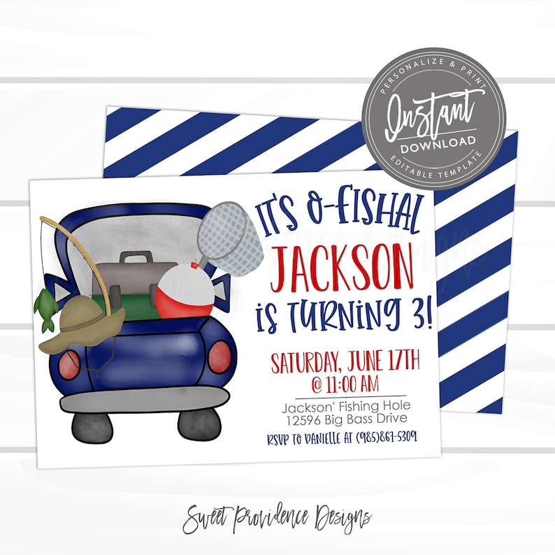 May include: A blue and white striped background with a white card on top. The card has a cartoon illustration of a blue pickup truck with fishing gear in the back. The text on the card reads "It's O-Fishal Jackson is turning 3! Saturday, June 17th @ 11:00 AM Jackson' Fishing Hole 12596 Big Bass Drive RSVP to Danielle at (985)867-5309 Sweet Providence Designs".