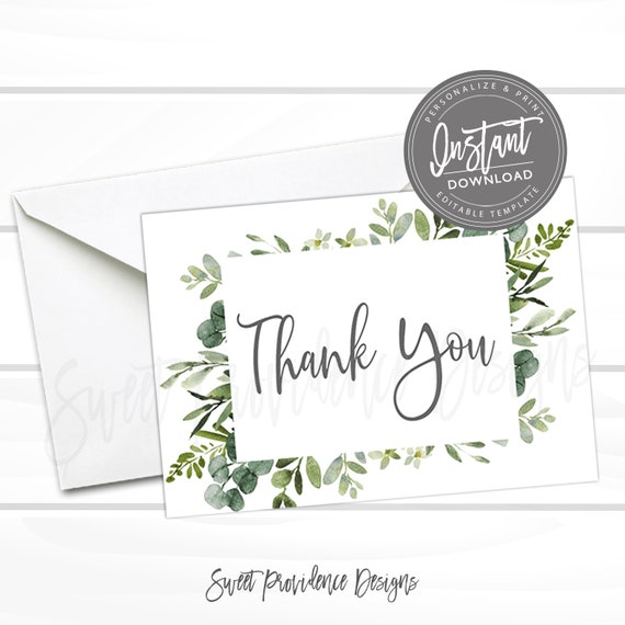 Editable Thank You Card Greenery Eucalyptus Printable Thank | Etsy