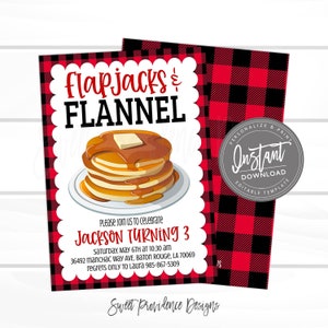 May include: A party invitation with a red and black buffalo plaid design. The invitation features the text "Flapjacks & Flannel" and an illustration of pancakes with syrup and butter. The invitation is for Jackson's 3rd birthday.