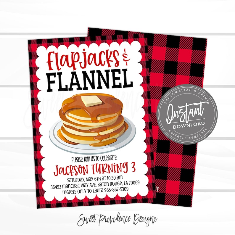 May include: A party invitation with a red and black buffalo plaid design. The invitation features the text "Flapjacks & Flannel" and an illustration of pancakes with syrup and butter. The invitation is for Jackson's 3rd birthday.