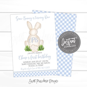 May include: A light blue and white gingham background with a white card featuring a watercolor illustration of a bunny with the text "Some Bunny is turning One" and "Chase's first birthday". The card also includes the date, time, and location of the event.