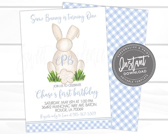 Easter Birthday Party Invitation, Editable Boy Bunny Carrot Invite, Some Bunny is turning one, Blue Gingham Printable Instant Access