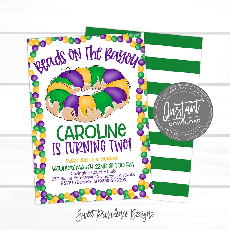May include: A Mardi Gras themed birthday party invitation featuring a purple, green and gold king cake and beads. The invitation reads "Beads on the Bayou" and "Caroline is turning two!" with party details below.